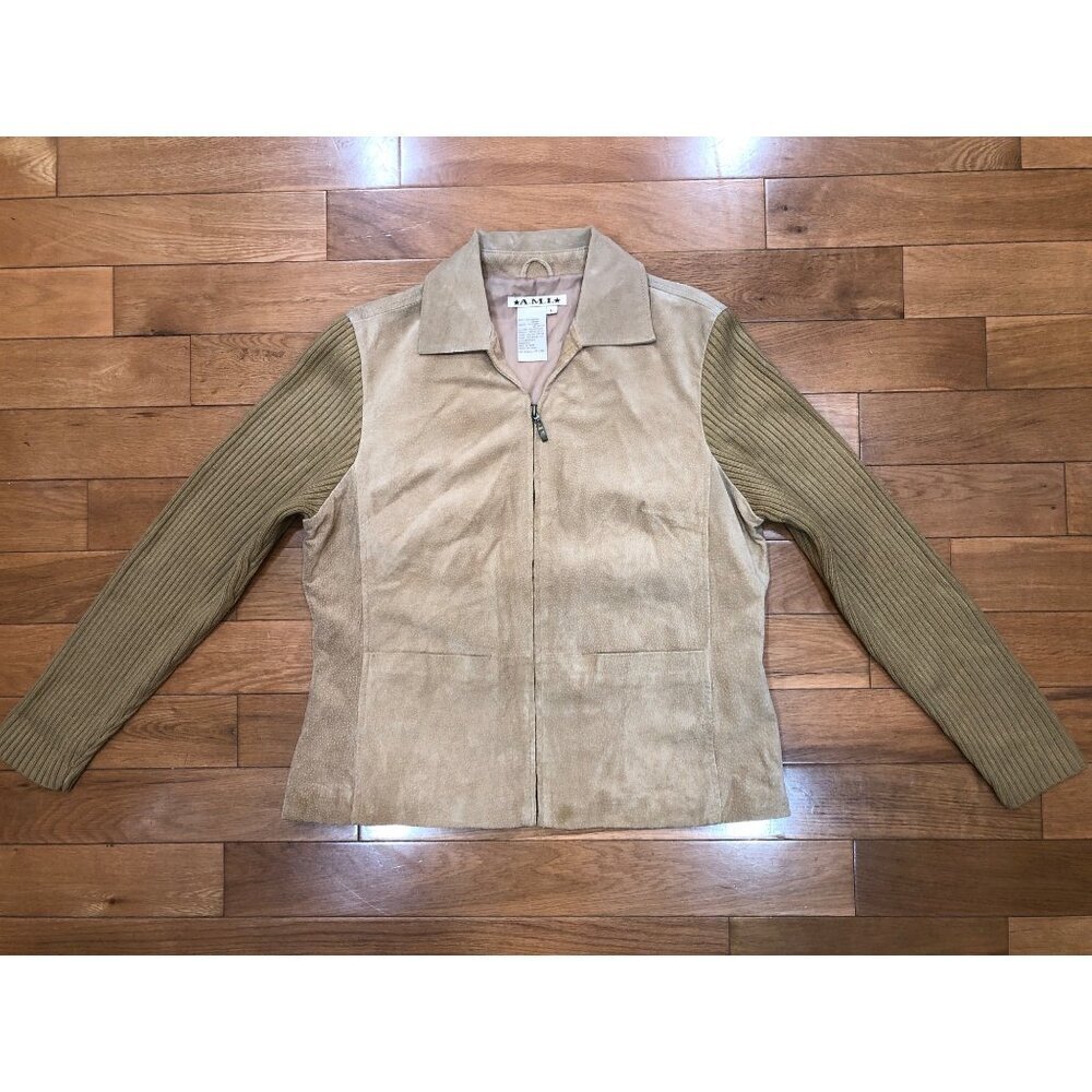 NWOT A.M.I. Women's Tan Leather Jacket W/ Knit Sleeves Zip Front Size L